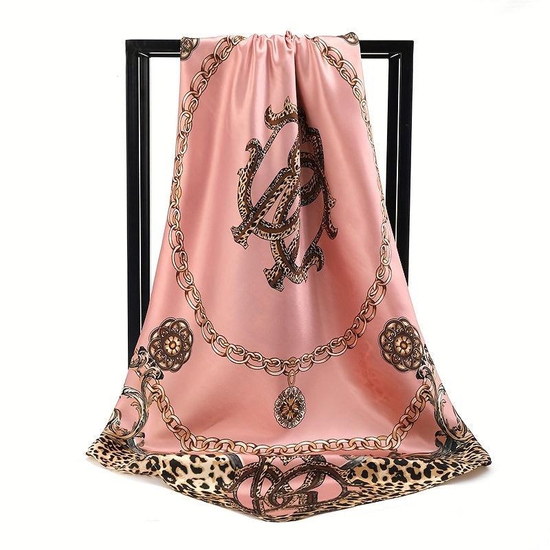 Luxurious 88.9cm square satin scarf for women featuring classic leopard and chain print. Made of soft polyester fabric, suitable for outdoor fashion as a versatile head wrap and shawl.