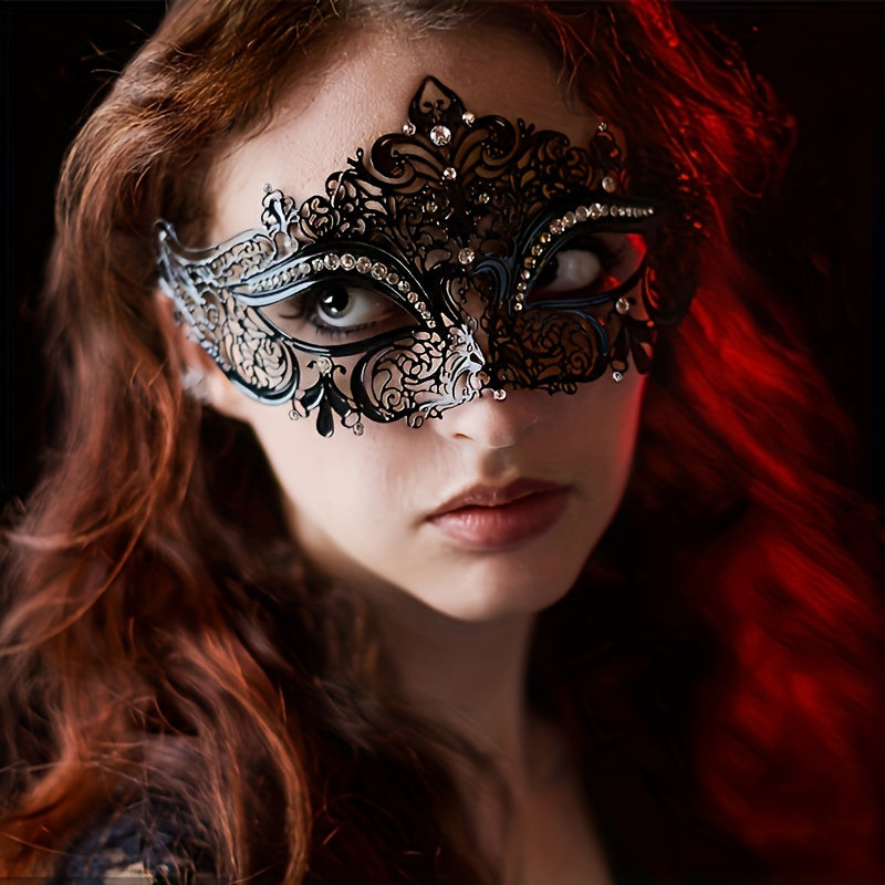 Venetian Party Prom Ball Metal Masquerade Mask adorned with Rhinestones for Women at Halloween Carnival Mardi Gras festivities.