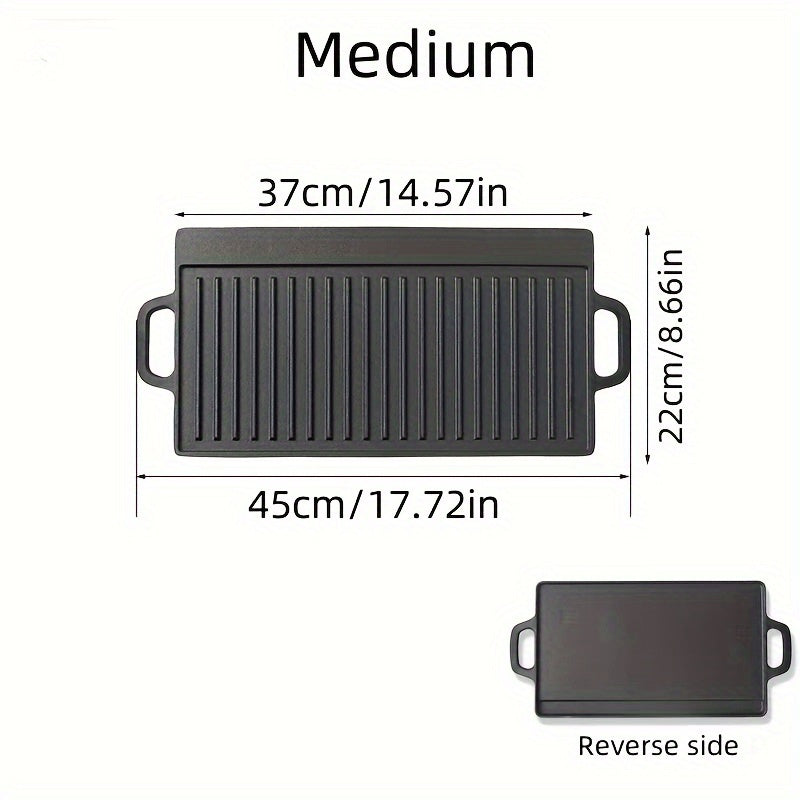 Large rectangular non-stick cast iron cookware with handles, featuring a reversible pre-seasoned grill and griddle combo, perfect for cooking and baking.