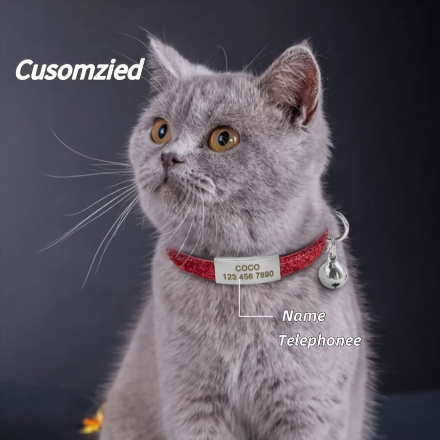 Personalized cat collar with bell, custom engraved ID tag, adjustable anti-suffocation design, suitable for kittens and puppies.