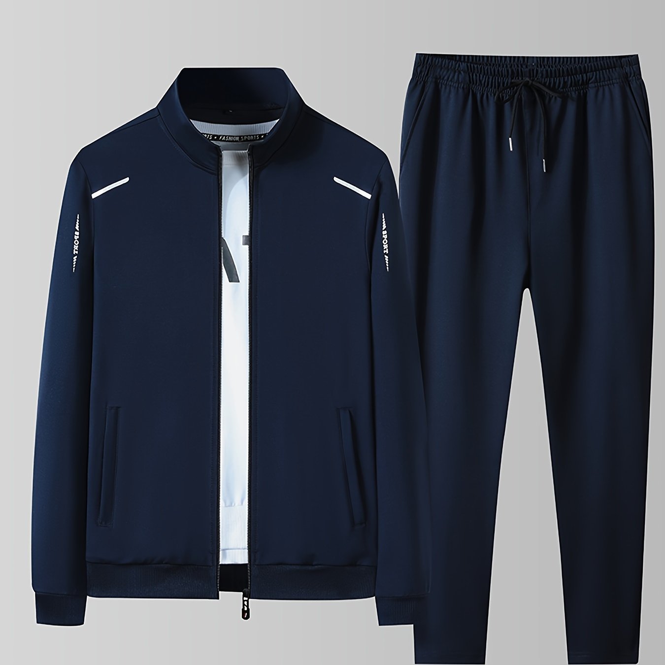 Men's Sports Suit Set includes a Long Sleeve Zipper Stand Collar Cardigan and Drawstring Jogging Pants for Spring/Autumn.