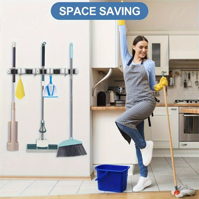 Introducing a wall-mounted mop and broom rack with 5 clips and 4 hooks, designed for easy installation without drilling. This stainless steel storage tool rack comes with perforated screws and adhesive for secure mounting. Equipped with heavy-duty hooks