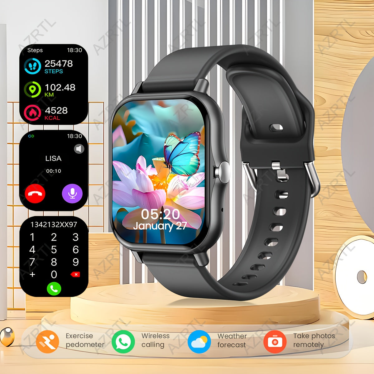 1.83-inch full touch screen smartwatch with call and message function, pedometer, multiple sports modes, compatible with IOS/Android devices. A minimalist style ideal gift for any occasion.