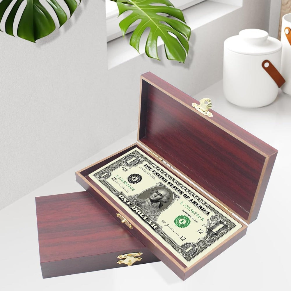 Lockable wooden money storage box with single compartment cash organizer and lockable cover for home organization.