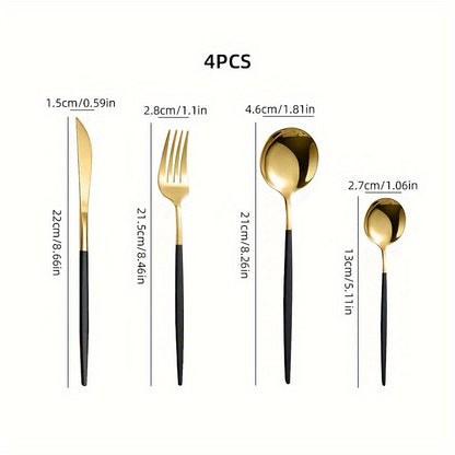 Sleek stainless steel flatware set with a black and golden finish, including knives, forks, and spoons for home, kitchen, or restaurant use. Durable and stylish tableware with varnished craftsmanship, perfect for special occasions like Christmas