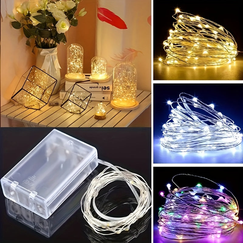 Battery powered LED fairy string lights in copper wire available in 30, 50, and 100 LED options for party and Christmas decor, no plug needed.