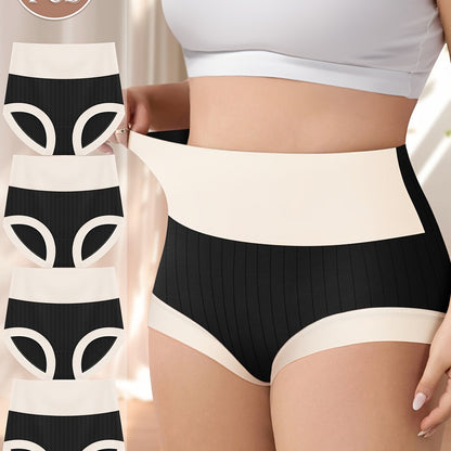 4pcs Plus Size Elegant Panties, Women's Colorblock Ribbed High Waisted Daily Briefs