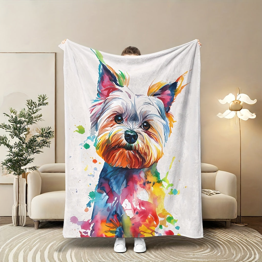 Soft coral fleece throw blanket featuring a contemporary dog print design. Made with digital print polyester and knitted craftsmanship, this blanket is perfect for adding a vibrant touch to your sofa, bed, office, camping trips, travel, or home decor.