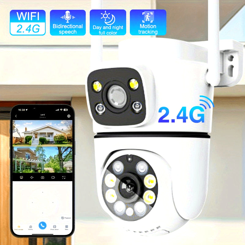 The Teruhal Smart Security Camera is designed for both indoor and outdoor use. It features dual lenses with 2MP+2MP resolution, 2.4G WiFi wireless network connectivity, human detection and AI alert capabilities, full color night vision, and two-way