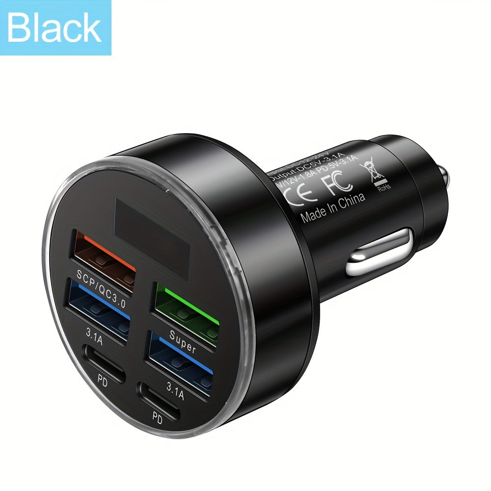 Hianda 6-in-1 USB Super Car Charger with LED Screen, Rapid Charging for 6 Phones