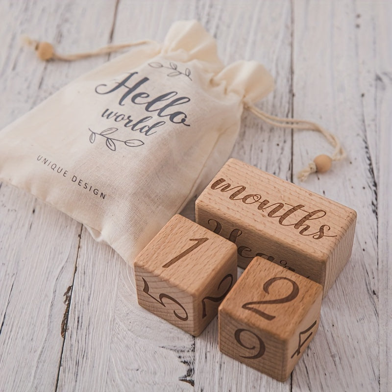 Wooden Milestone Blocks Set - Perfect for Full Moon Photo Props, Celebrating Growth Milestones, Preserving Birth Month Memories. The set includes light brown wood blocks and a cute "Hello World" drawstring bag.