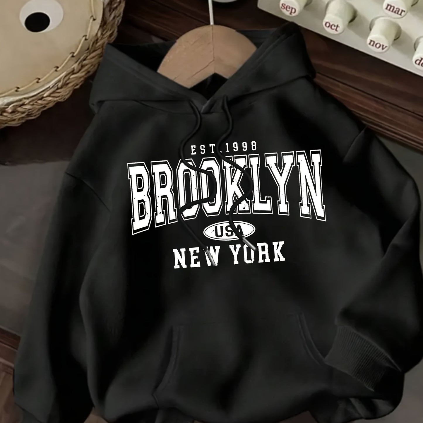 Brooklyn Graphic Hoodie for Women - Casual Black Polyester with Front Pocket, Machine Washable, Cozy Oversized Fit, Perfect for Fall/Winter