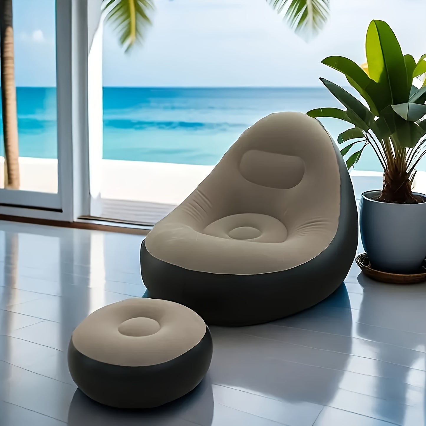 Portable inflatable lounge chair with footrest, suitable for both indoor and outdoor use.