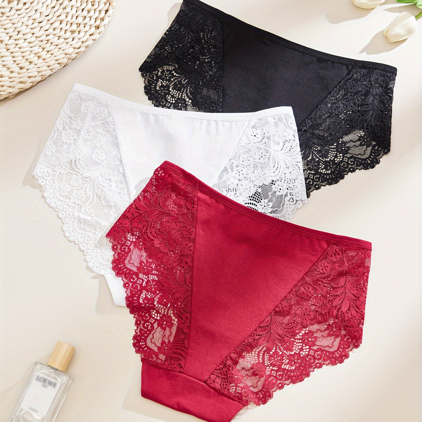 Three high rise, soft and breathable lace briefs for women's lingerie and underwear.