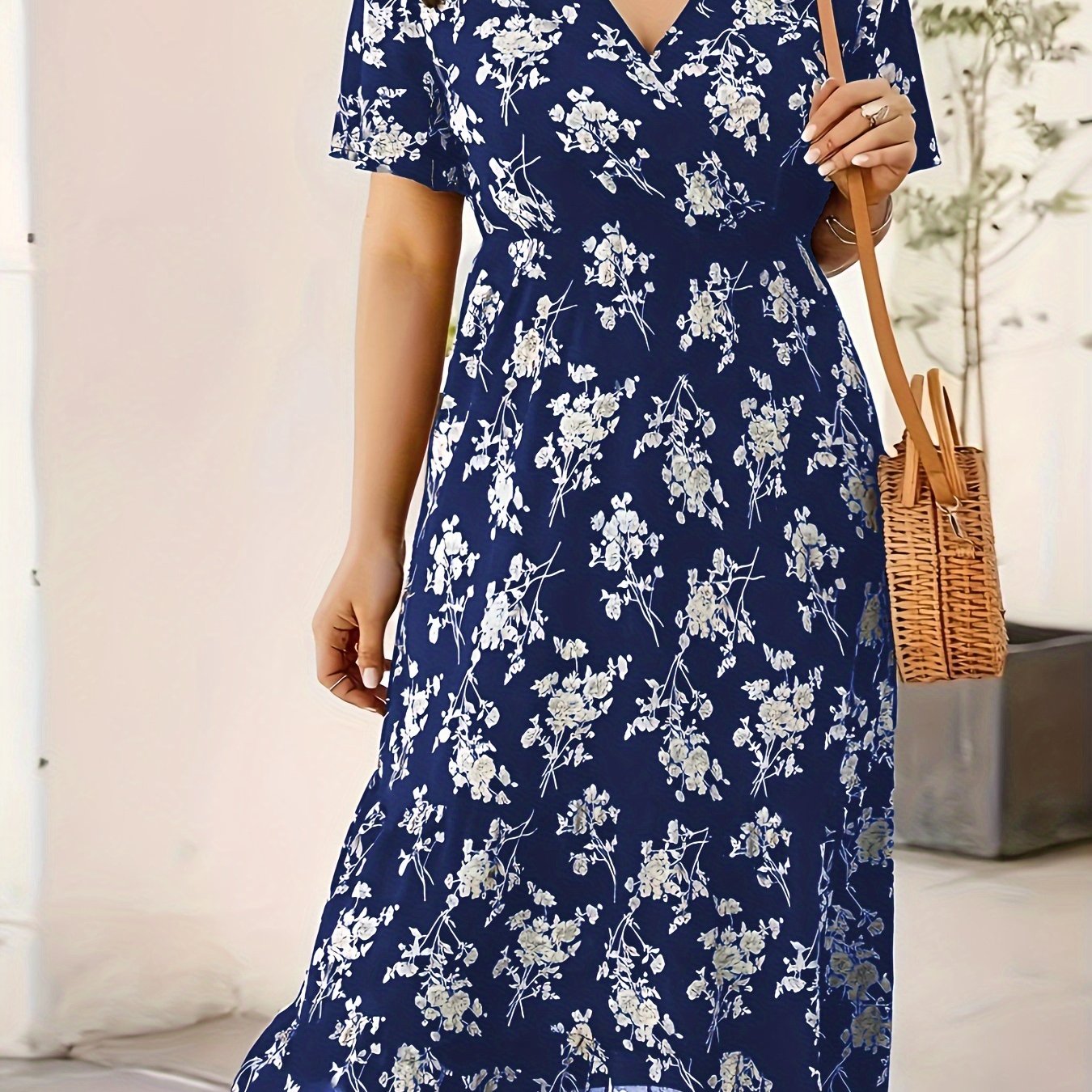 Stylish Blue Floral Midi Dress with Flutter Sleeves - Surplice Neck, Lightweight Polyester Blend, Machine Washable - All-Season Women's Style