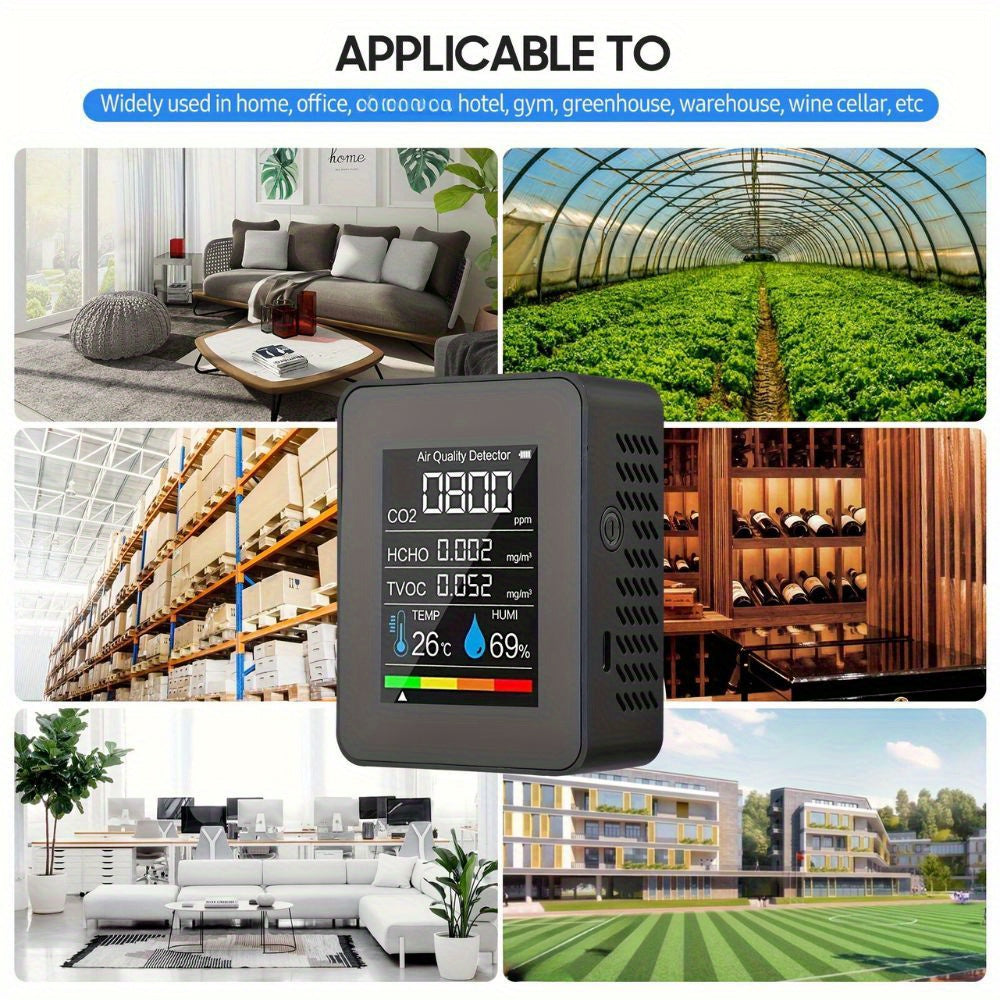 Portable CO2 detector with temperature, humidity, TVOC, and HCHO detection, rechargeable, suitable for travel and home use.