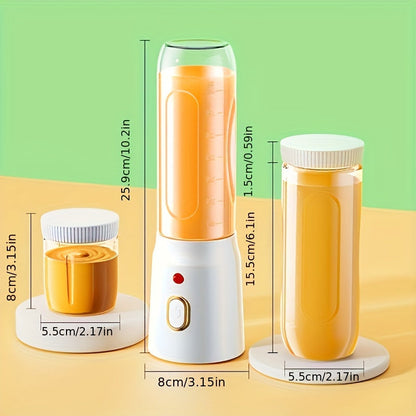 This set includes two portable electric juicer cups, featuring USB charging, rechargeable lithium battery, round shape, 1500 mAh capacity, and made of durable plastic material.