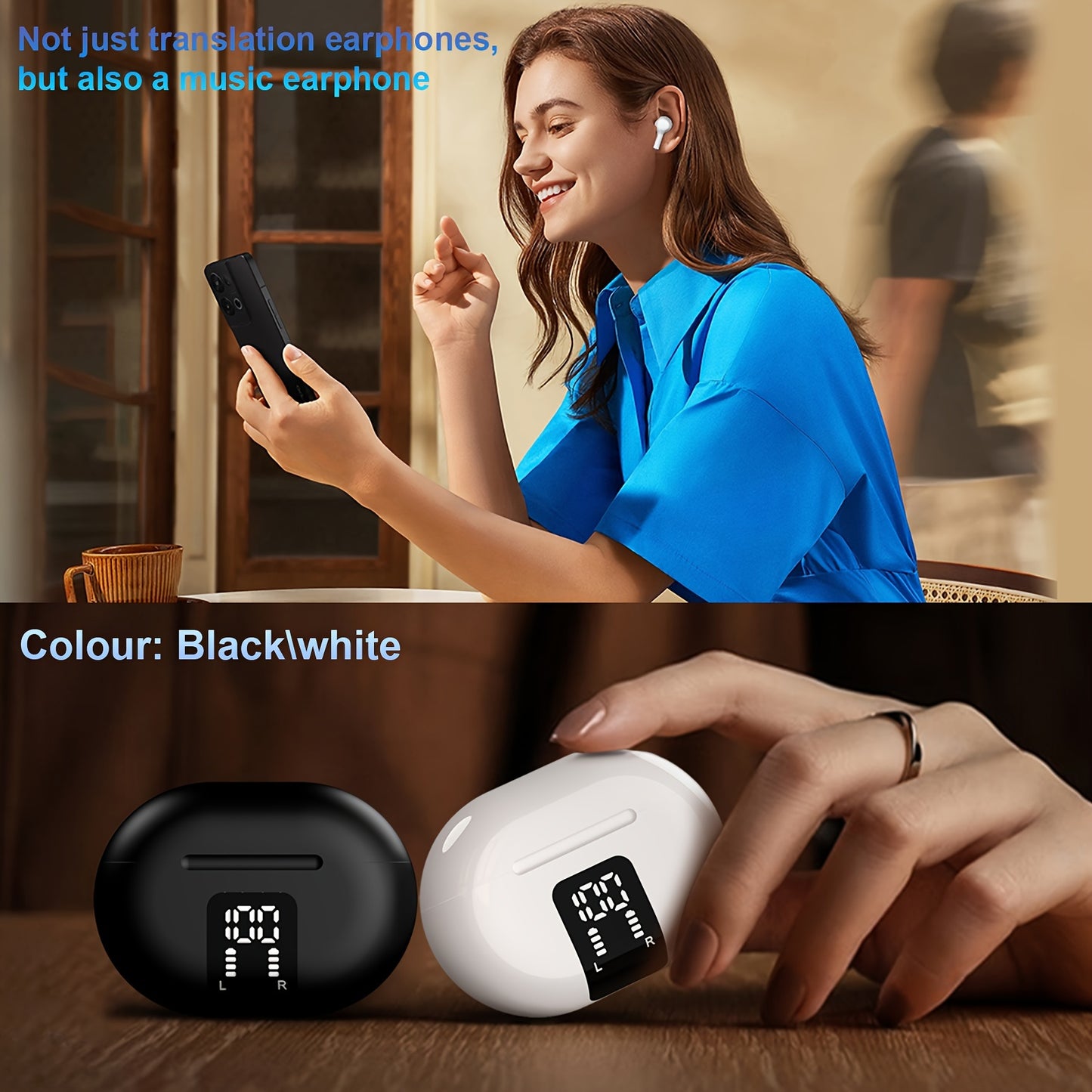 Compact, wireless earbuds with real-time translation for travel and business. Compatible with iOS and Android, supporting 150 languages.