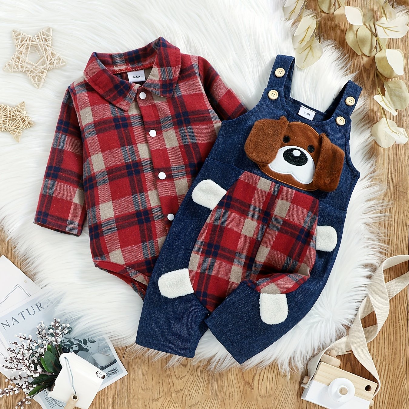 Plaid long sleeve bodysuit with jeans overalls set for boys aged 0-18 months, featuring stand collar, button detail, and woven fabric for outdoor wear.