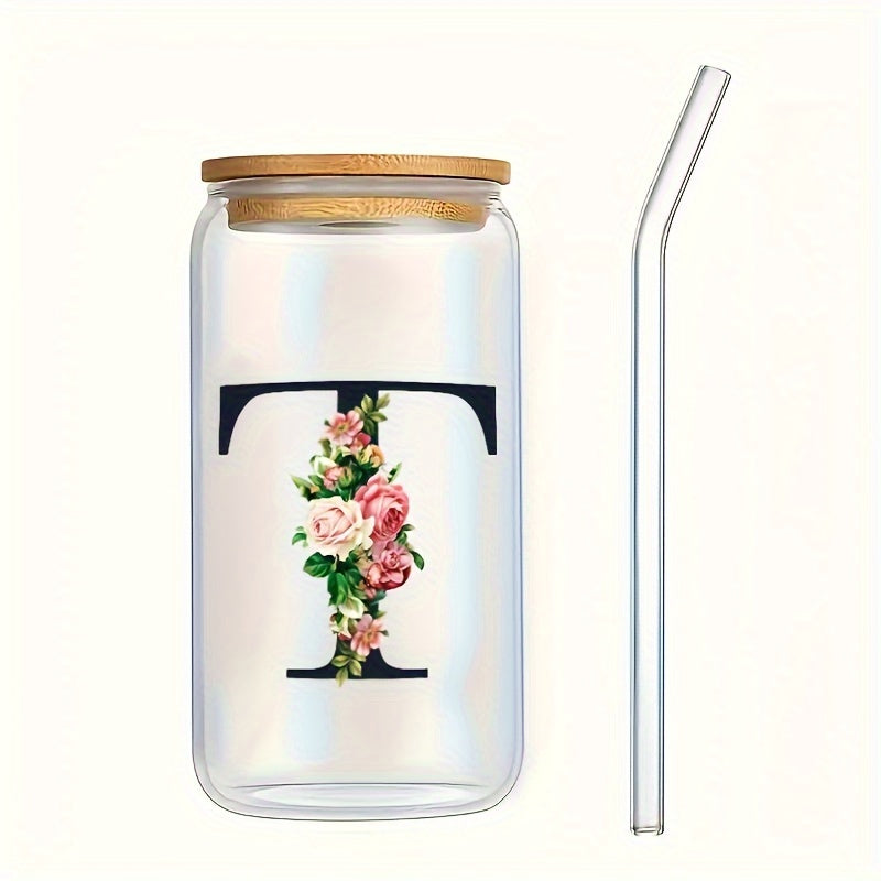 Alphabet flowers drinking glass with bamboo lid and straw, ideal birthday gift for women, friends, girls. 16 oz coffee glass, perfect for moms.