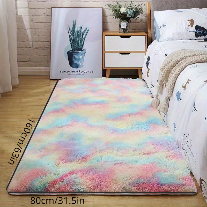 Luxurious Shag Mat for Bedroom and Living Room, Soft Rainbow Rug for Girls and Youngsters, Tie-Dye Throw Mat for Home Decor, Playful Design with Plush Polyester Material – Perfect for Bedroom Decor