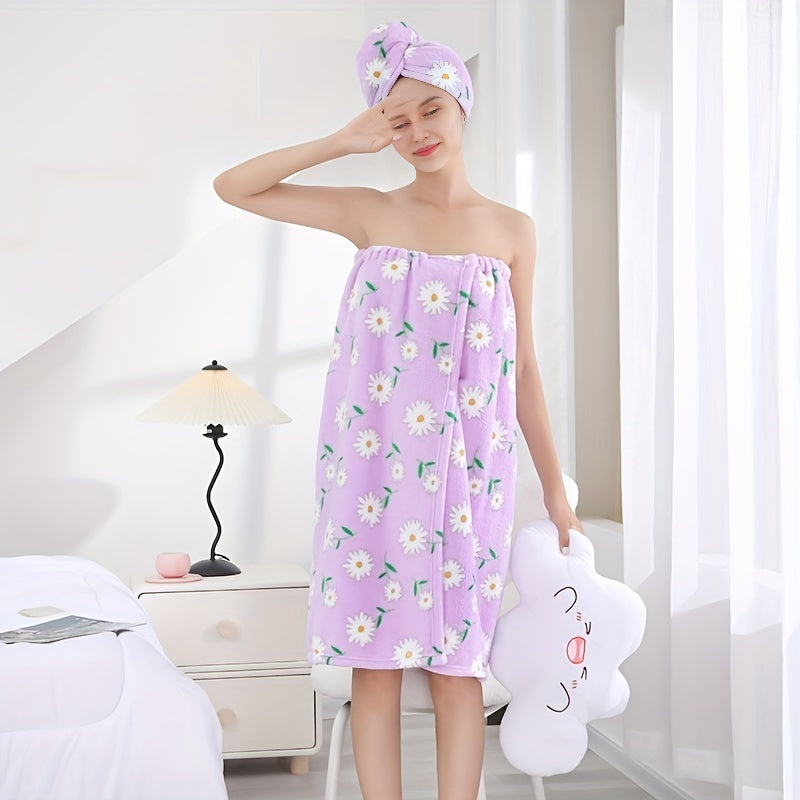 1 Bath Skirt & Hair Towel set made of coral velvet material for women, highly absorbent and wearable. Perfect for drying hair after shower or sauna.