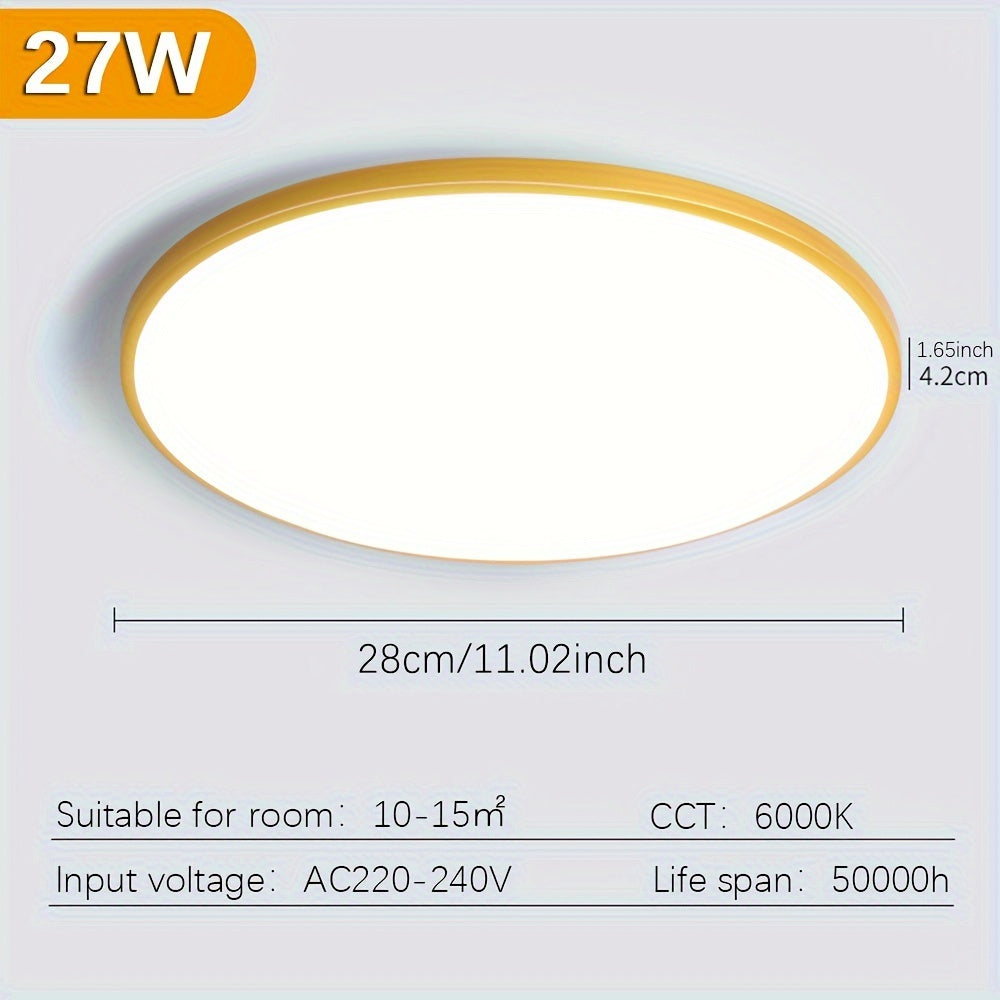 LED Ceiling Light available in 18W, 27W, and 36W sizes, modern design, suitable for bedroom, living room, bathroom, and balcony, comes in slim multicolor options.