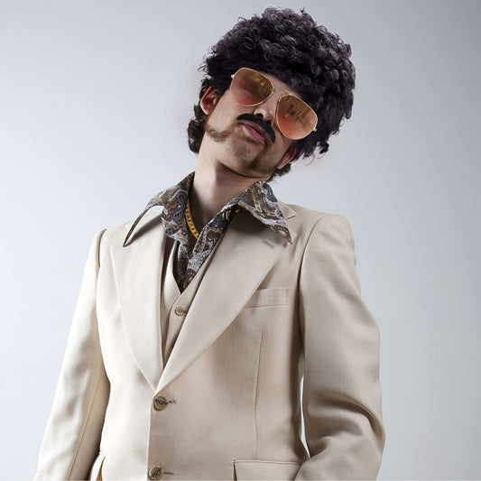 6-piece set of 70s 80s Disco Wig Costume Set features Disco Hippie Short Curly Wig, Disco Fashion Glasses, Moustache, and Faux Golden Chain Necklace perfect for Disco Men Party or Halloween Party Dressing Up.