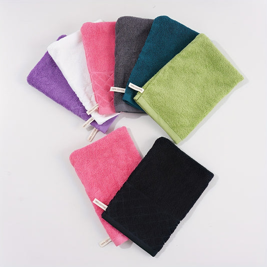 Cotton European-style bath mitts in 8 or 10-piece sets with loop for hanging. Absorbent and soft, suitable for bath, hand towel, makeup removal. Reusable gloves in multi-color options.