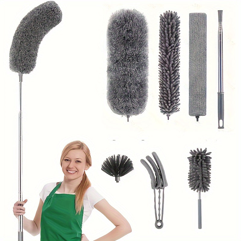 Bundle of six to seven microfiber dust dusters, with a feather duster belt, a telescopic extension pole of 279.4 cm, a reusable flexible dust duster, a washable lightweight dust duster, perfect for cleaning ceiling fans and cars.