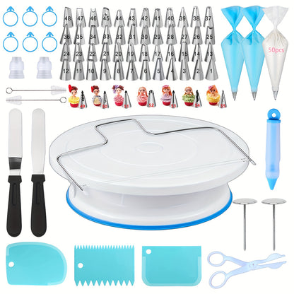 128-piece cake decorating kit with pink turntable, stainless steel piping tips, reusable and disposable pastry bags, silicone spatula, cream scrapers, flower nails, scissors, and pen. Ideal