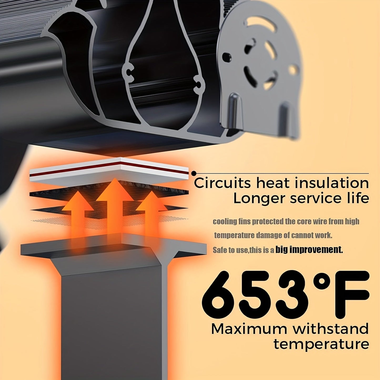 One piece 8-blade fireplace fan featuring a built-in thermometer, designed for wood-burning stove fireplaces with top temperature control. This fan is capable of circulating warm/hot air but is not suitable for soapstone stoves or pellet stoves. A handy