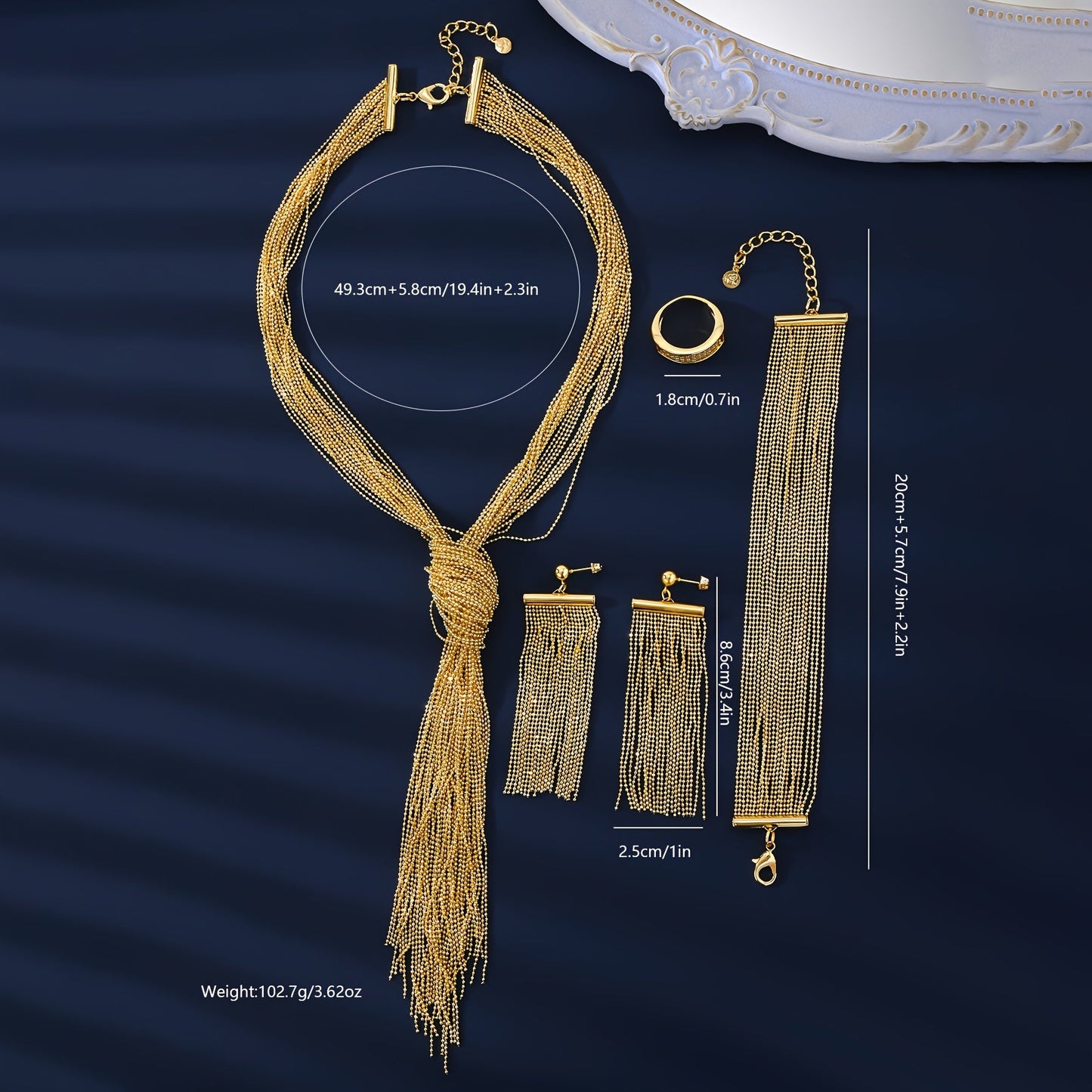 Experience the Exquisite MEIZ Luxury Hip-Hop Style Jewelry Set, featuring 18K Golden Plated Copper with Hollow Tassel Earrings, Tassel Necklace, Ring, and Bracelet. Perfect for Daily Wear or as Wedding Accessories, this Set is Ideal for Gift-Giving and