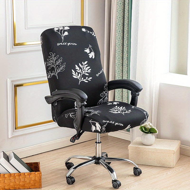 Elastic printed office chair cover with zipper, washable and dustproof for universal office rotating chairs. Perfect for bedroom, study, or office room decoration.