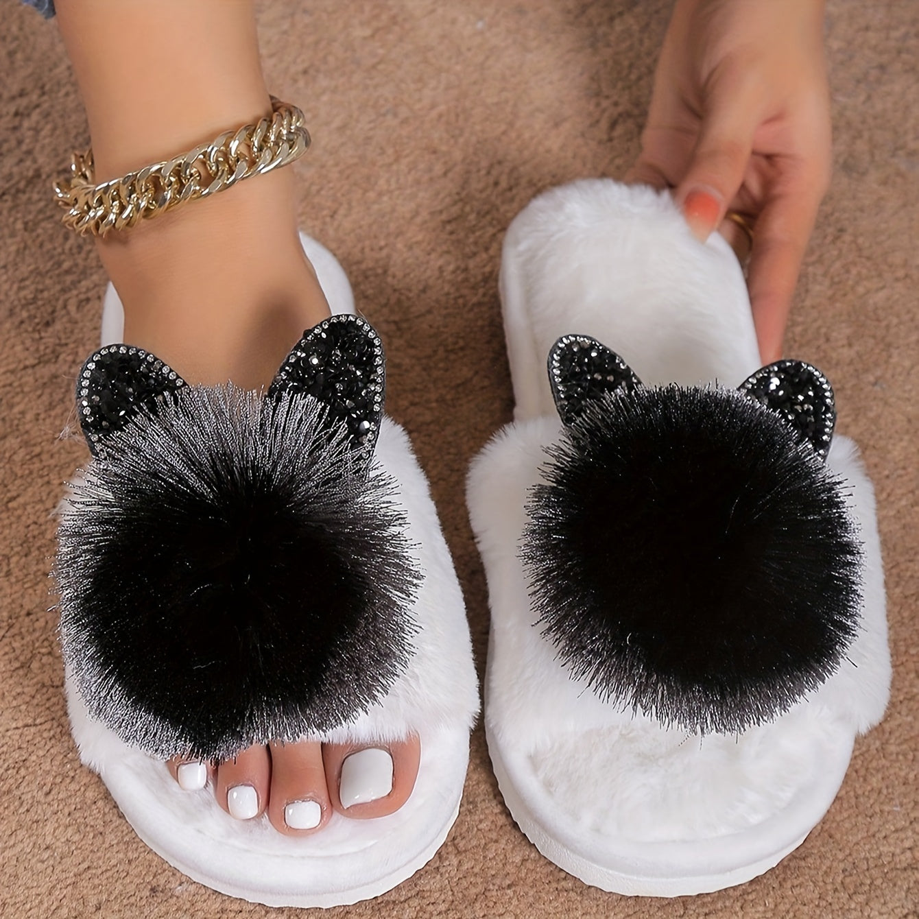 Adorable gray bow slippers with fluffy black accents, EVA sole, all-season comfort, and machine washable