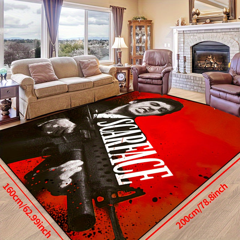 Add a touch of 'Scarface' style with this non-slip mat featuring a red background. Easy to clean and waterproof, available in multiple sizes for use in living rooms, bedrooms, entryways, outdoor patios, and gardens.