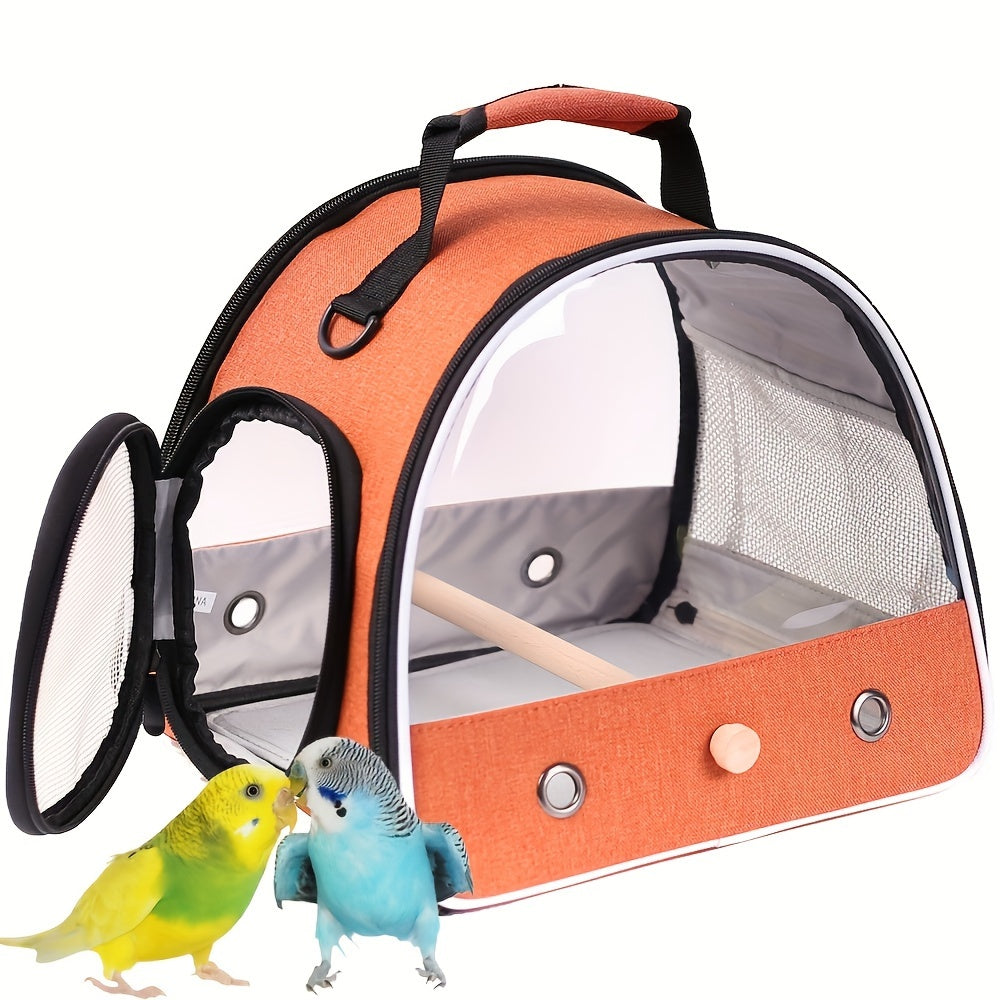 Portable bird travel carrier cage with linen zipper closure, small size suitable for budgies, parakeets, parrots, conures, and cockatiels. Features wooden perch mount, absorbent pad, soft