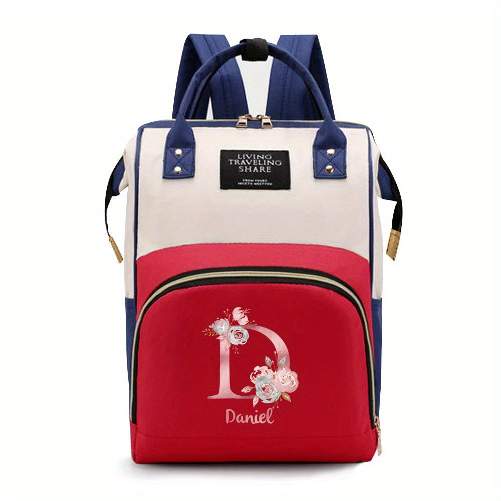 Personalized Mommy Backpack made of durable Oxford cloth with ample storage space for diapers and other essentials. Features customizable initials and name, as well as convenient bottle pockets. Perfect for nursing mothers on-the-go, with options for A-Z