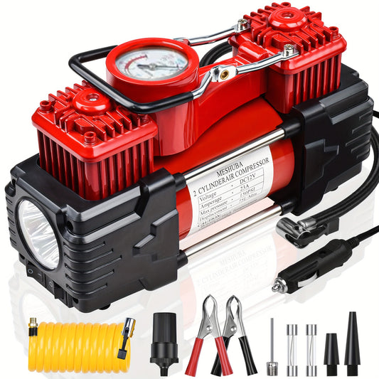 12V portable twin cylinder air compressor with accurate gauge and emergency light for vehicles, bicycles, and more, no battery included.