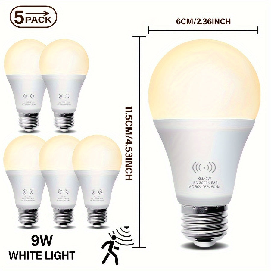 2/5 PK Kasotile 9W A19 Motion Sensor Light Bulbs with automatic dusk to dawn activation, available in Daylight (3000K) and Warm White (6000K) E26.