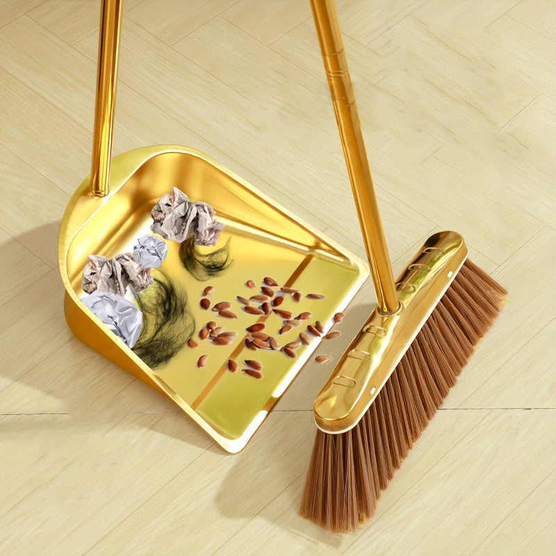 PMMJ Golden Stainless Steel Broom and Dustpan Set - Durable, Long Handle for Indoor/Outdoor Use, Vertical Design for Easy Cleaning, Upgrade Dustpan