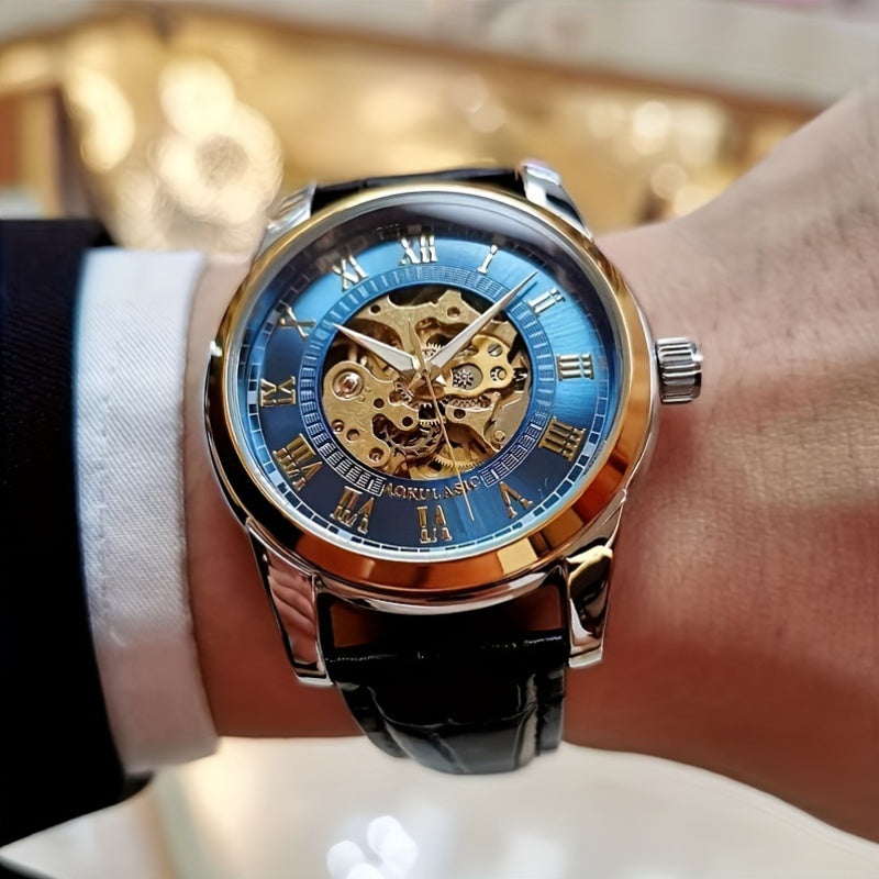 Elegant men's automatic mechanical watch with skeleton design, brown faux leather strap, self-winding. Ideal for business and casual wear, perfect gift for young men. Durable watch band