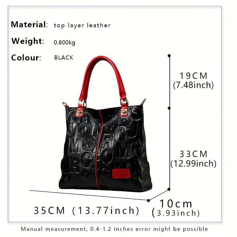 Luxurious red cowhide tote bag for women with geometric pattern, zip closure, polyester lining, and genuine leather material.