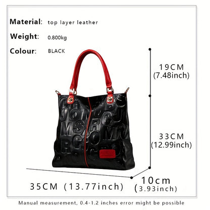 Luxurious red cowhide tote bag for women with geometric pattern, zip closure, polyester lining, and genuine leather material.