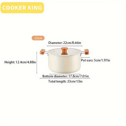 The Stainless Steel Stockpot from COOKER KING holds 5.6L, making it a Large Soup Pot with Lid and Double Handles. It is Non-Coated and Induction Compatible, perfect for making Stews and Soups. The pot has a 22cm diameter.