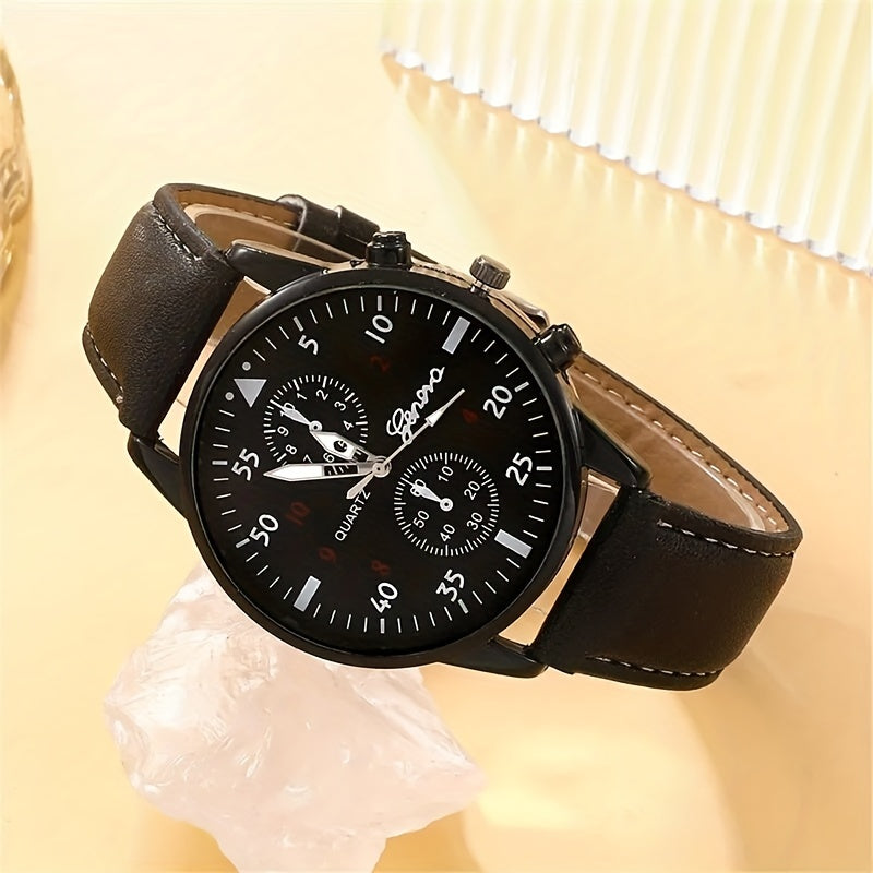 Set of 5 Fashion Men's Casual Black Leather Watches with Life Tree Design and Rope Strap