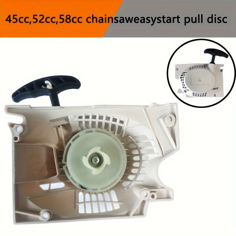 Replacement pull start disc for 45cc/52cc/58cc chain saw engines, designed for easy start and maintenance of garden and lawn tools.