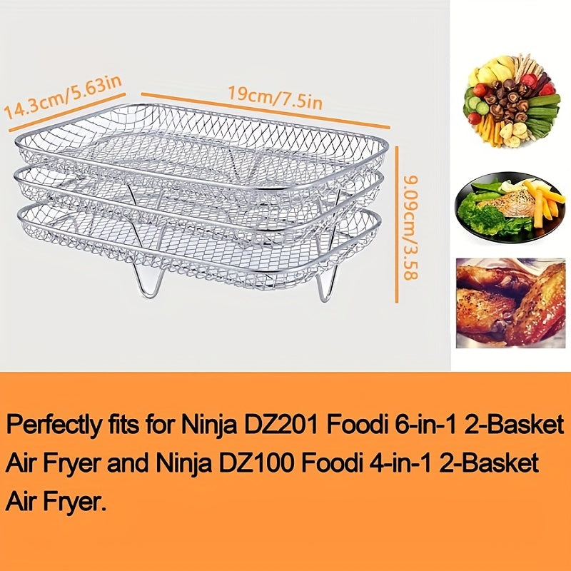 One set of air fryer accessories includes a three-layer square grill rack, steam rack, stainless steel stackable rack, dehydration rack, barbecue basket, barbecue rack, drainage basket, filter rack, food frying basket, and oil brush.