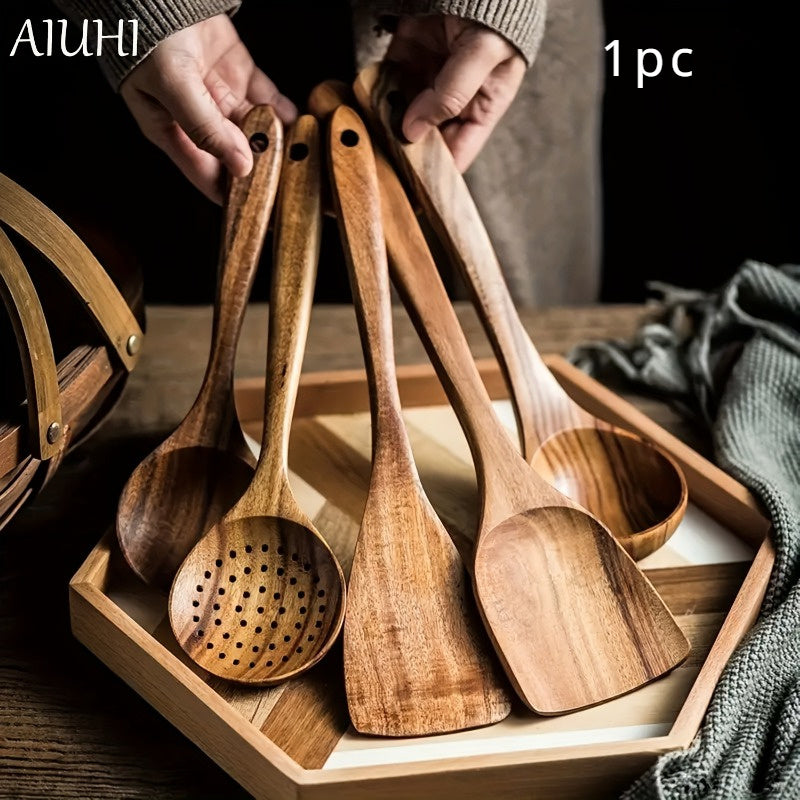 Wooden kitchen utensil set with non-stick spatula, soup spoon, and spoon combo. Durable and high quality for healthy cooking, at a low price. Retailers can be unreliable.