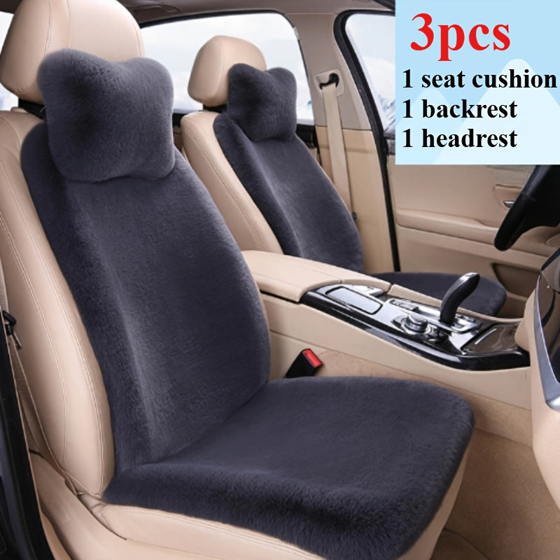 3-piece plush pink car seat cover set for front row with cushion, backrest, and neck pillow, perfect for winter comfort.